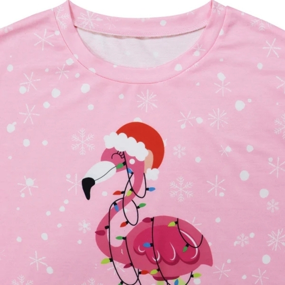 Holiday Lights Flamingo Print Long Sleeve Pullover Tee Sweater lightweight - Picture 7 of 7